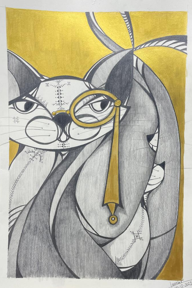Feline Sophistication, Mixed media on paper